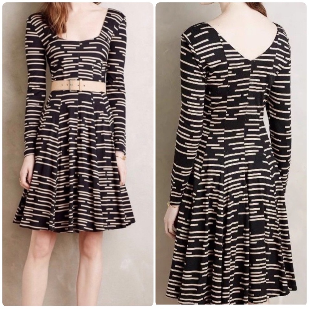 Anthropologie HD in Paris Saraid PM Dress Black Tan Stripes Stretchy Jersey Knit